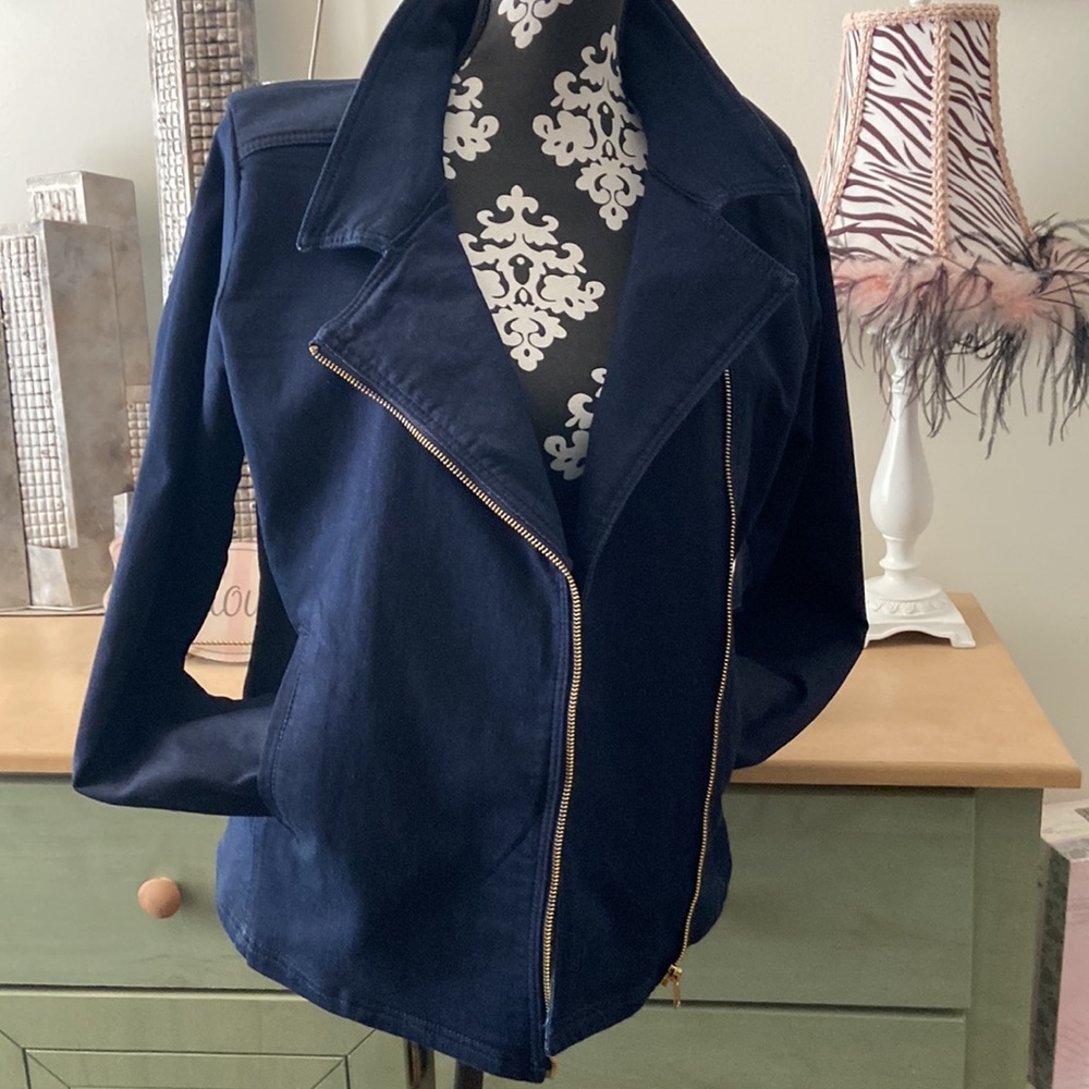 IMAN Denim Moto Jacket Dark Indigo Medium - Picture 2 of 12
